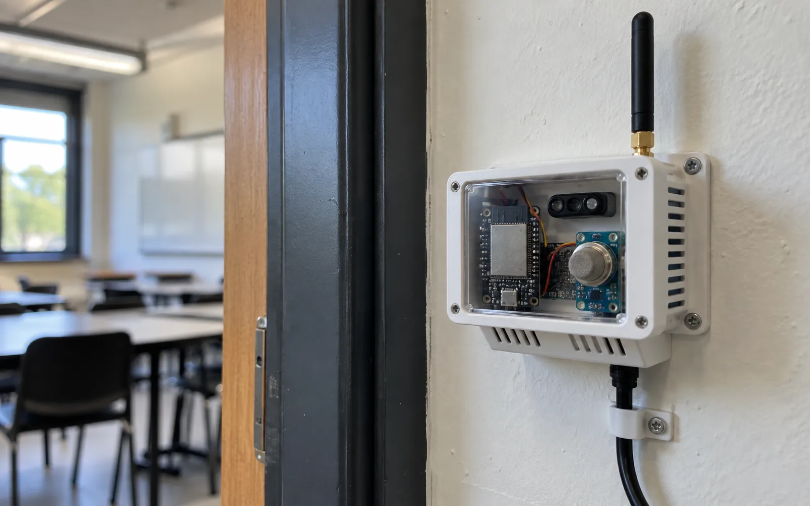 Concept render of a RESCUE-Edge sensor node mounted beside a classroom door