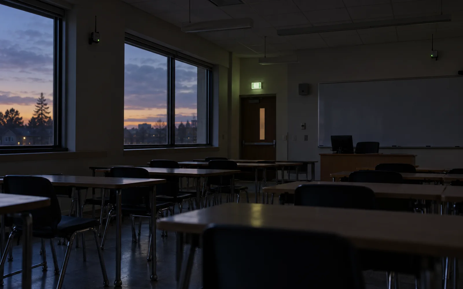 Concept render of a classroom during a blackout with sensor nodes on the walls